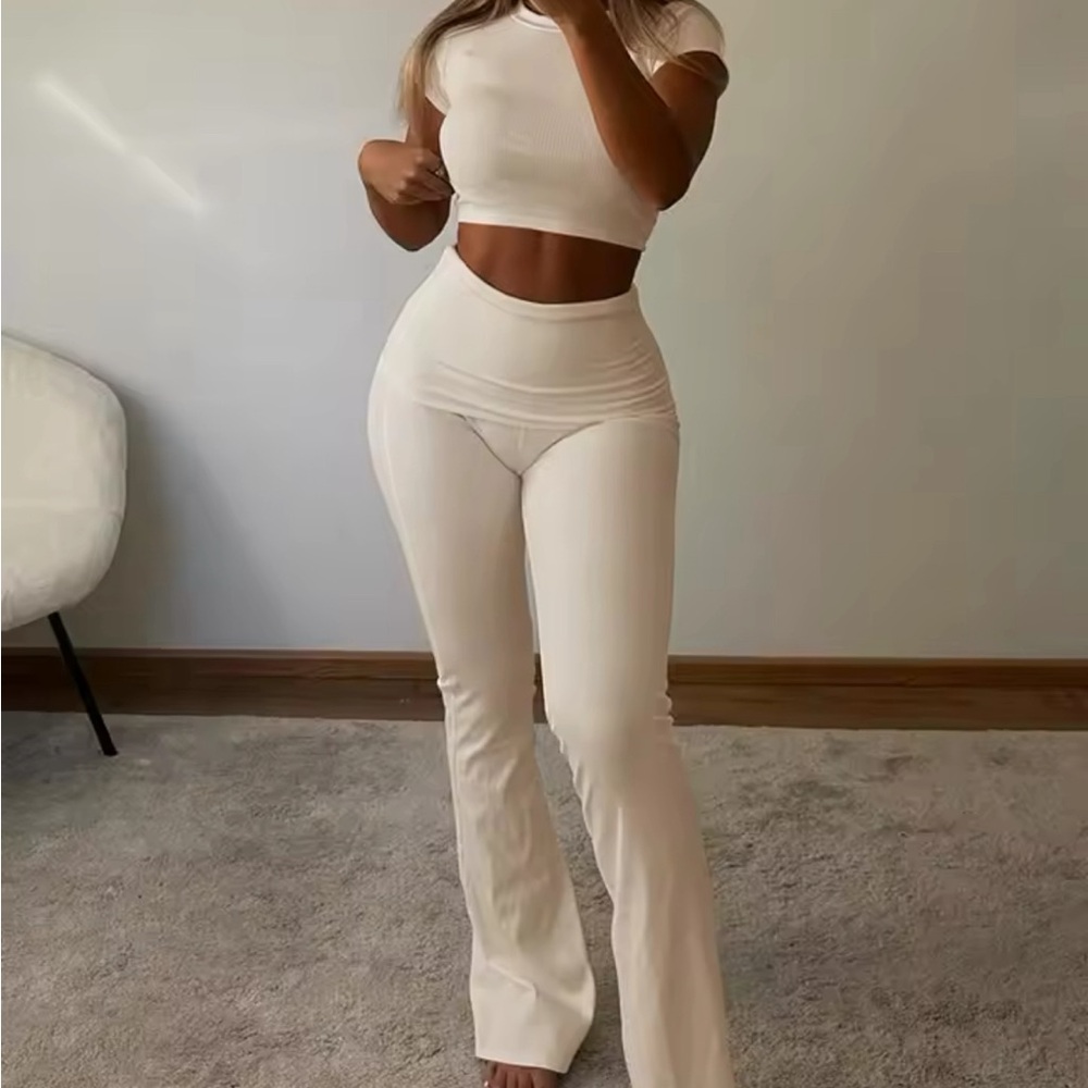 2 piece set casual solid O-neck